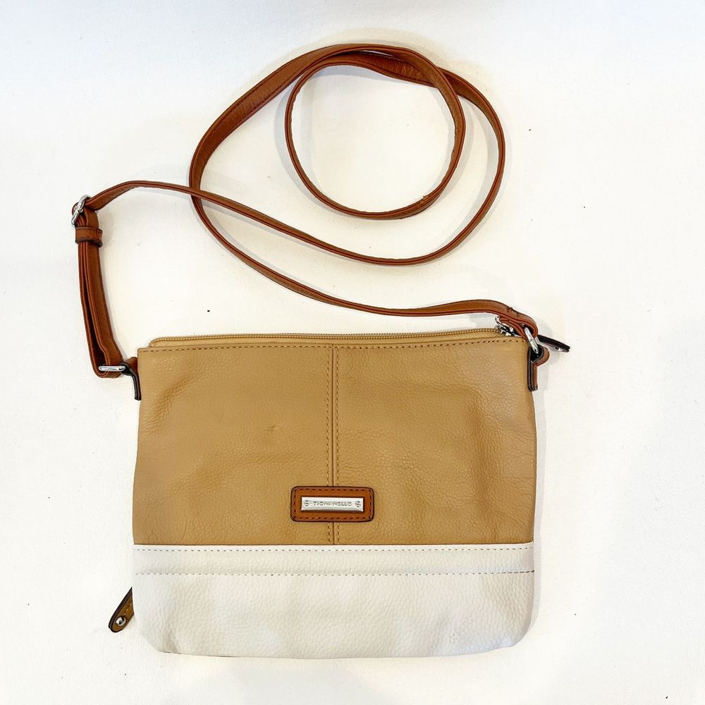Tignanello Tan Cream Crossbody Leather Bag Outside Card Slots Wallet